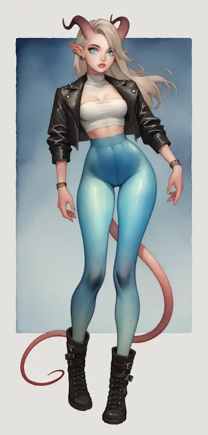 Platinum blonde tiefling woman in leather fashion outfit