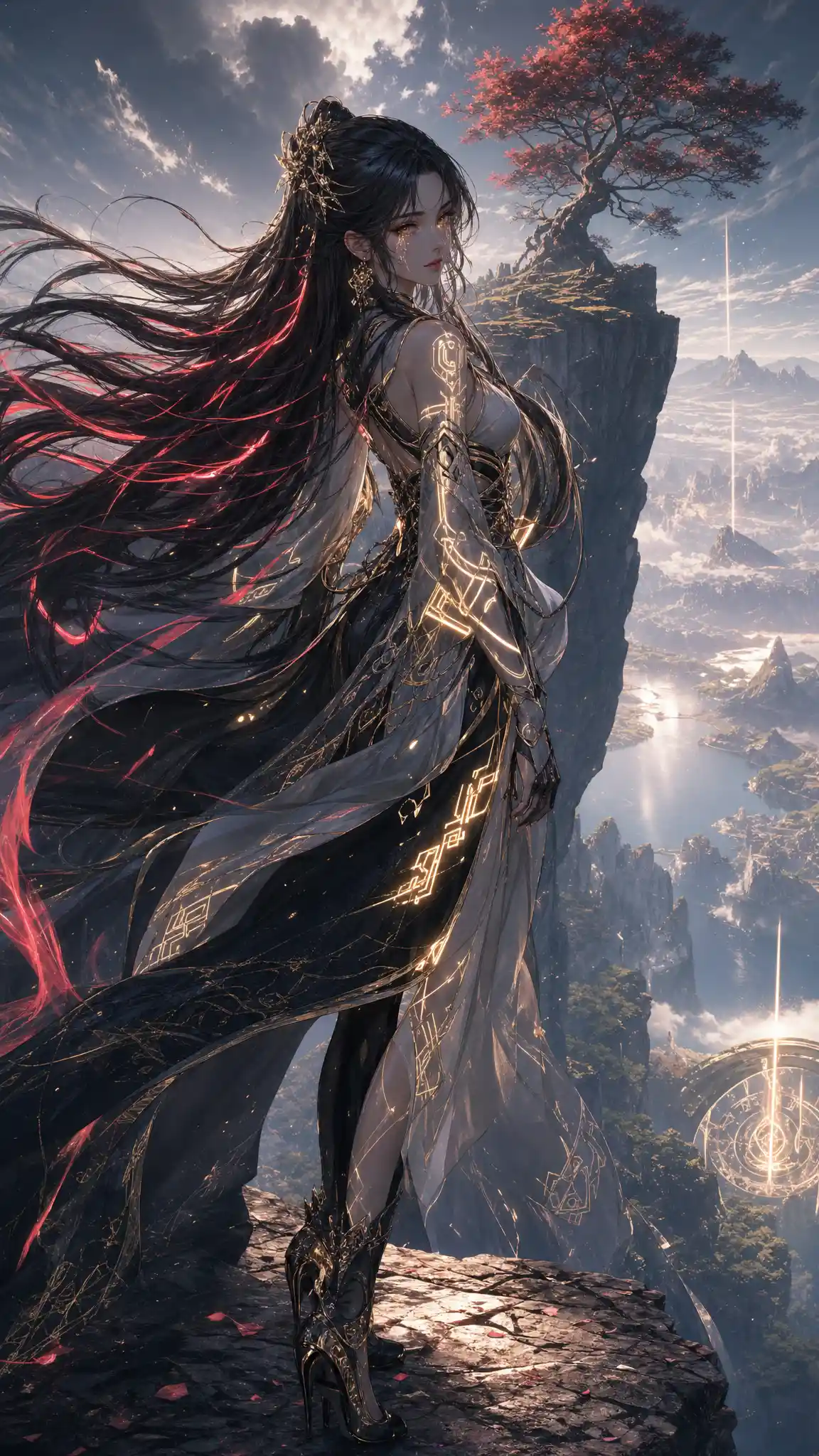 Full body view of a fantasy girl with glowing patterned eyes