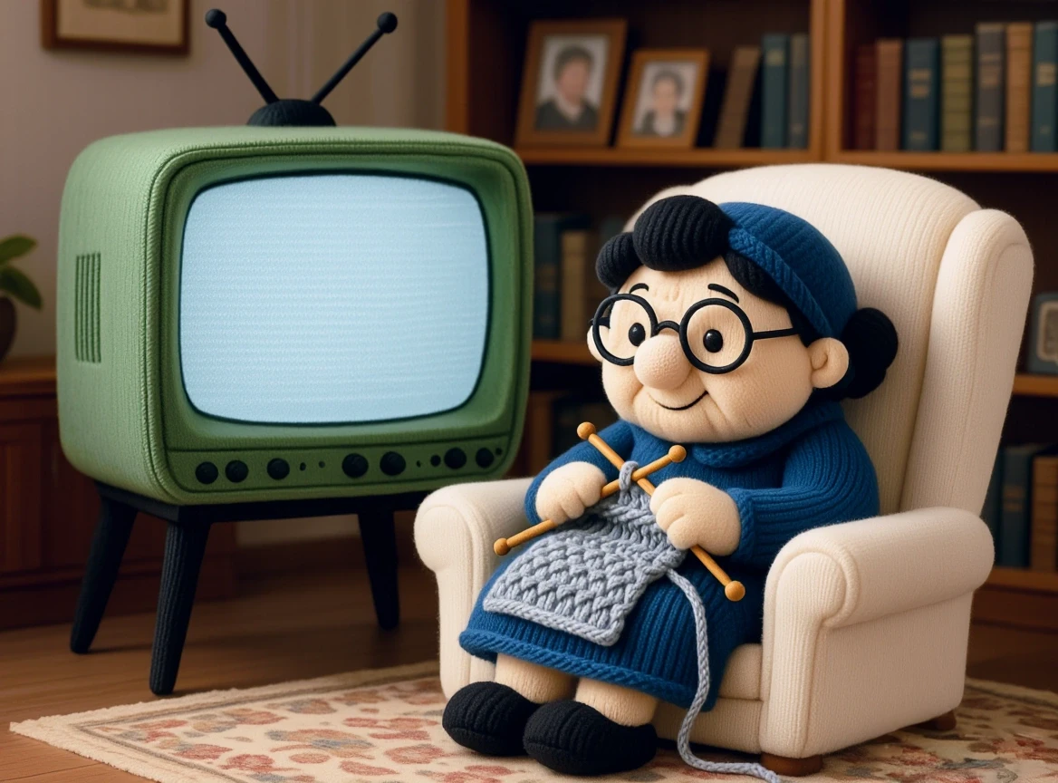 Elderly woman knitting beside glowing vintage television