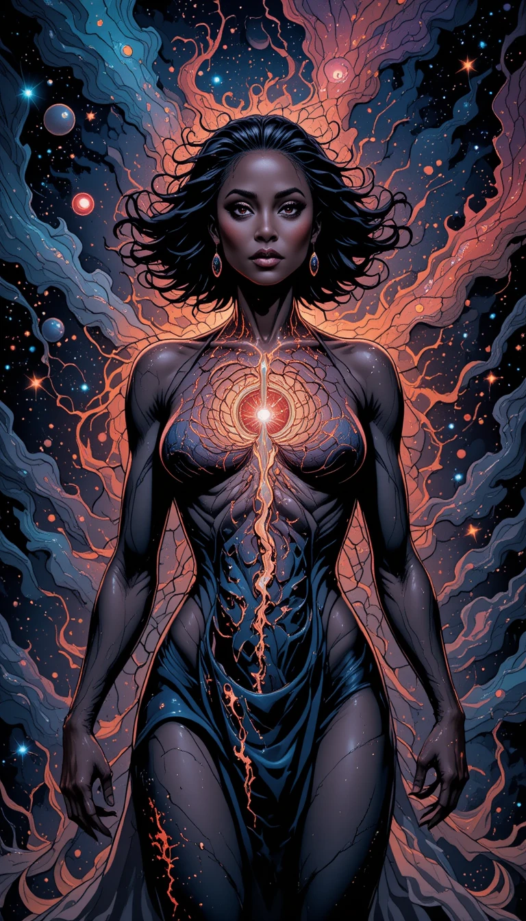 Surreal woman torn open to reveal cosmic vortex within
