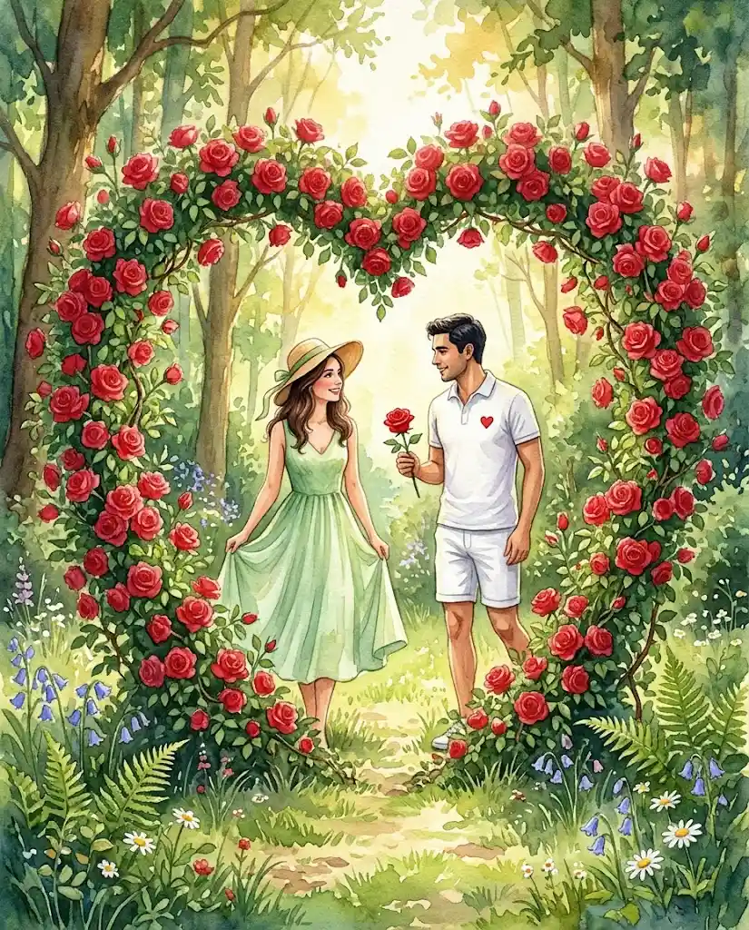 Romantic couple meeting at a rose heart portal in forest