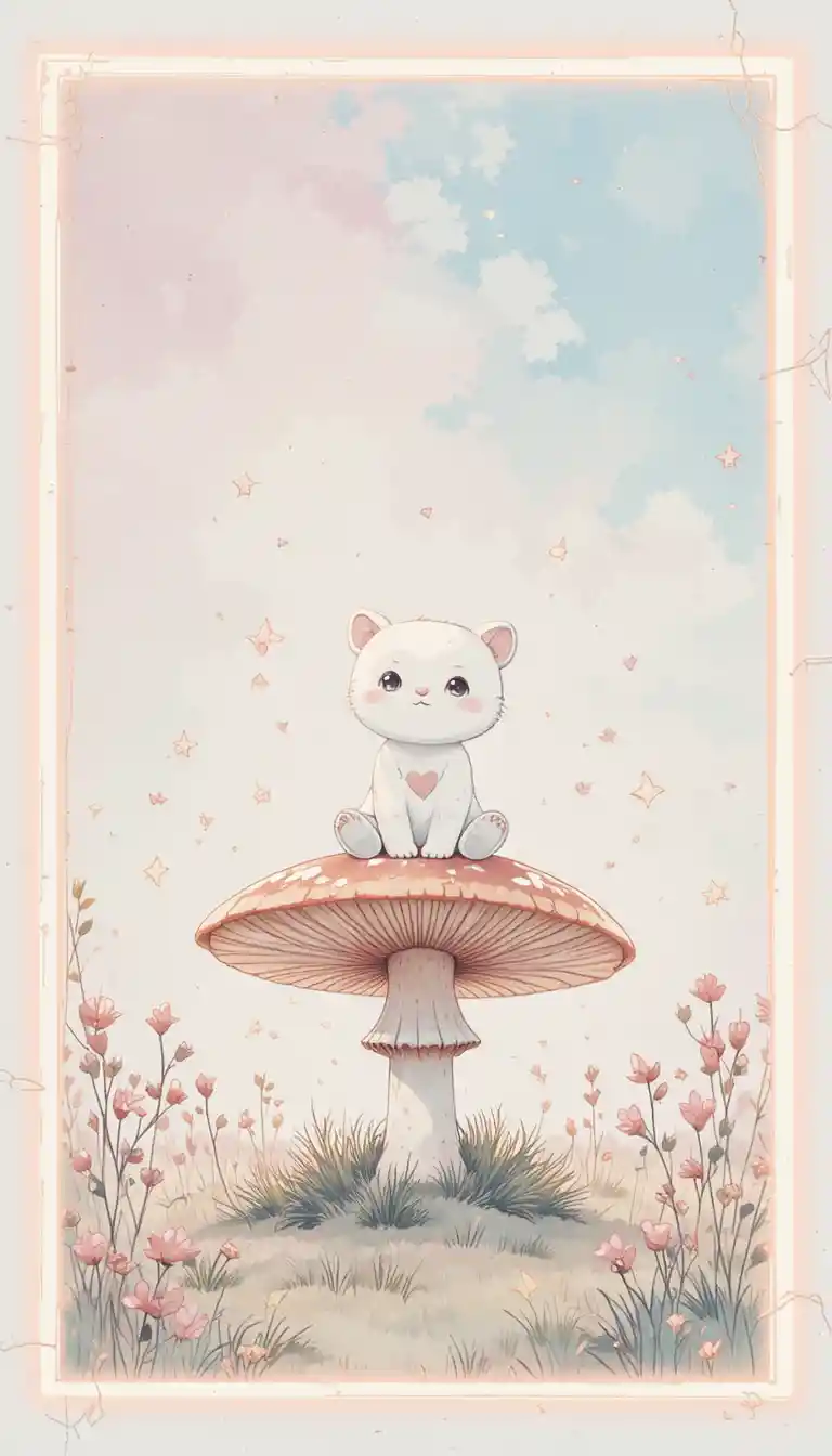 Cute white bear on fly agaric in pastel meadow