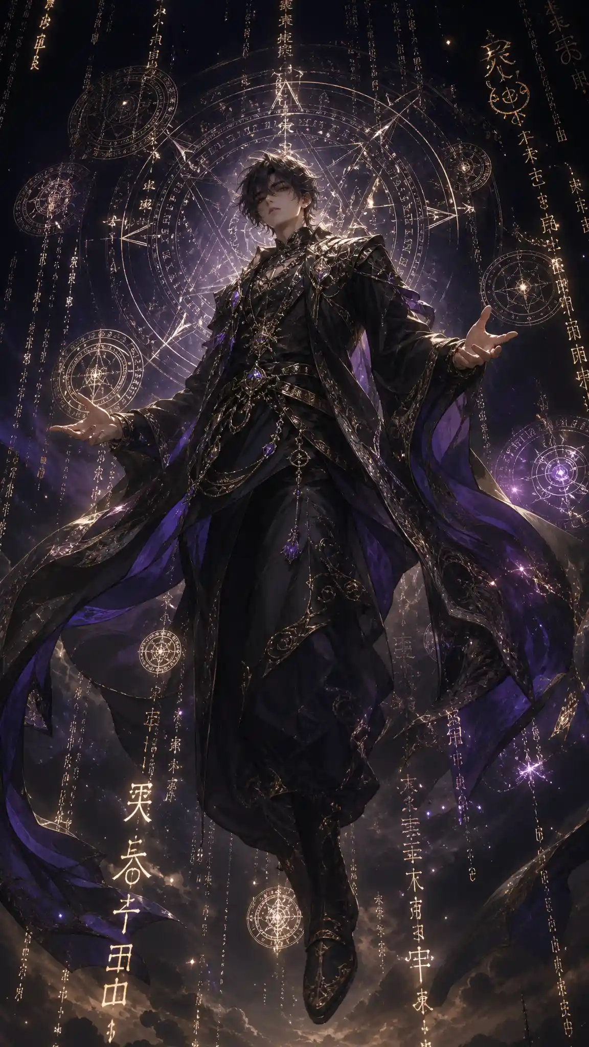 Young man floating before glowing magical circles and glyphs