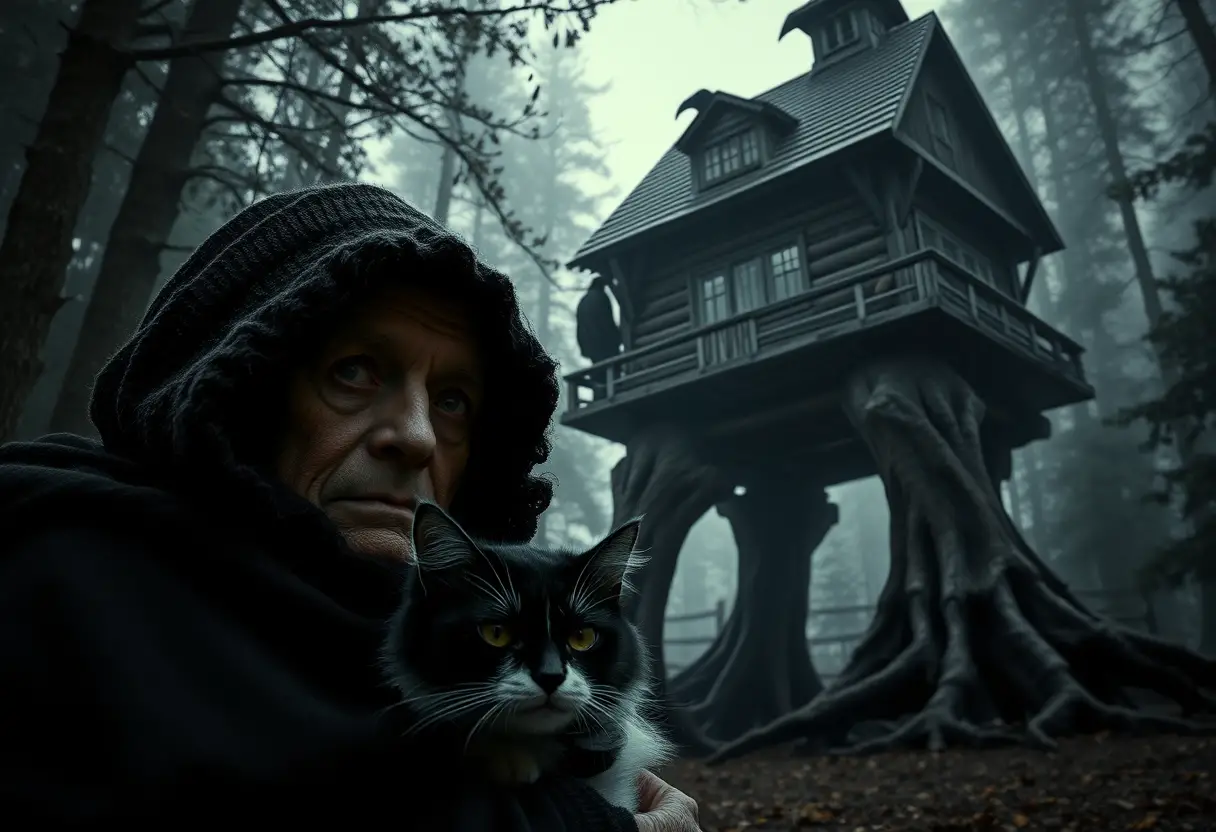 Celtic crone with cat and raven before towering cottage