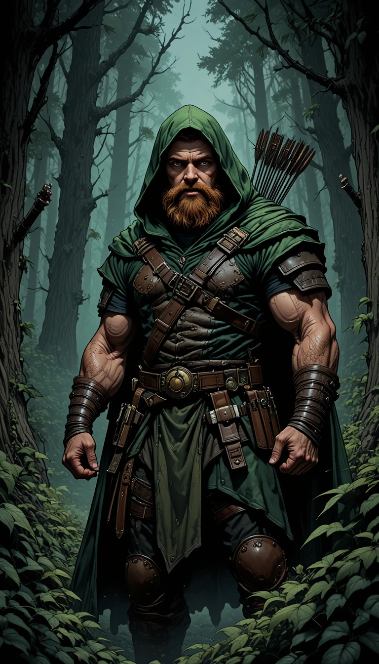 Bearded archer in a green cloak in a misty forest