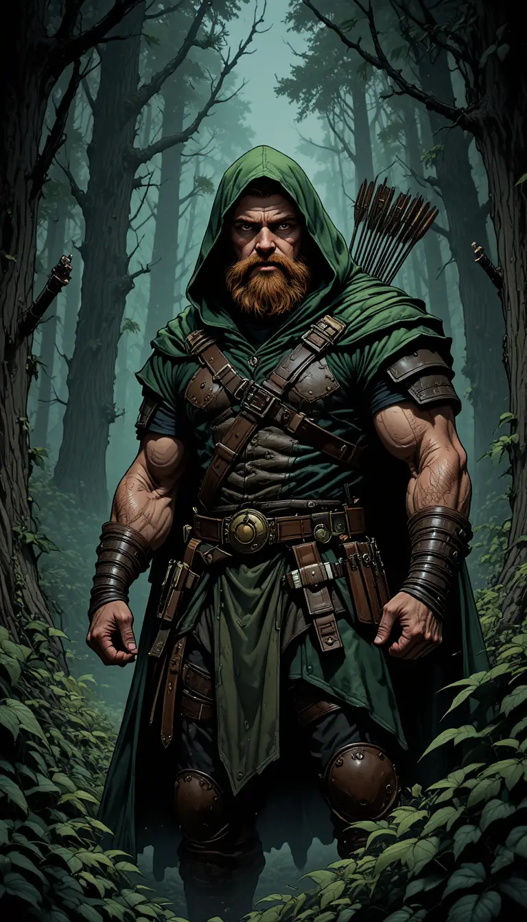 Bearded archer in a green cloak in a misty forest