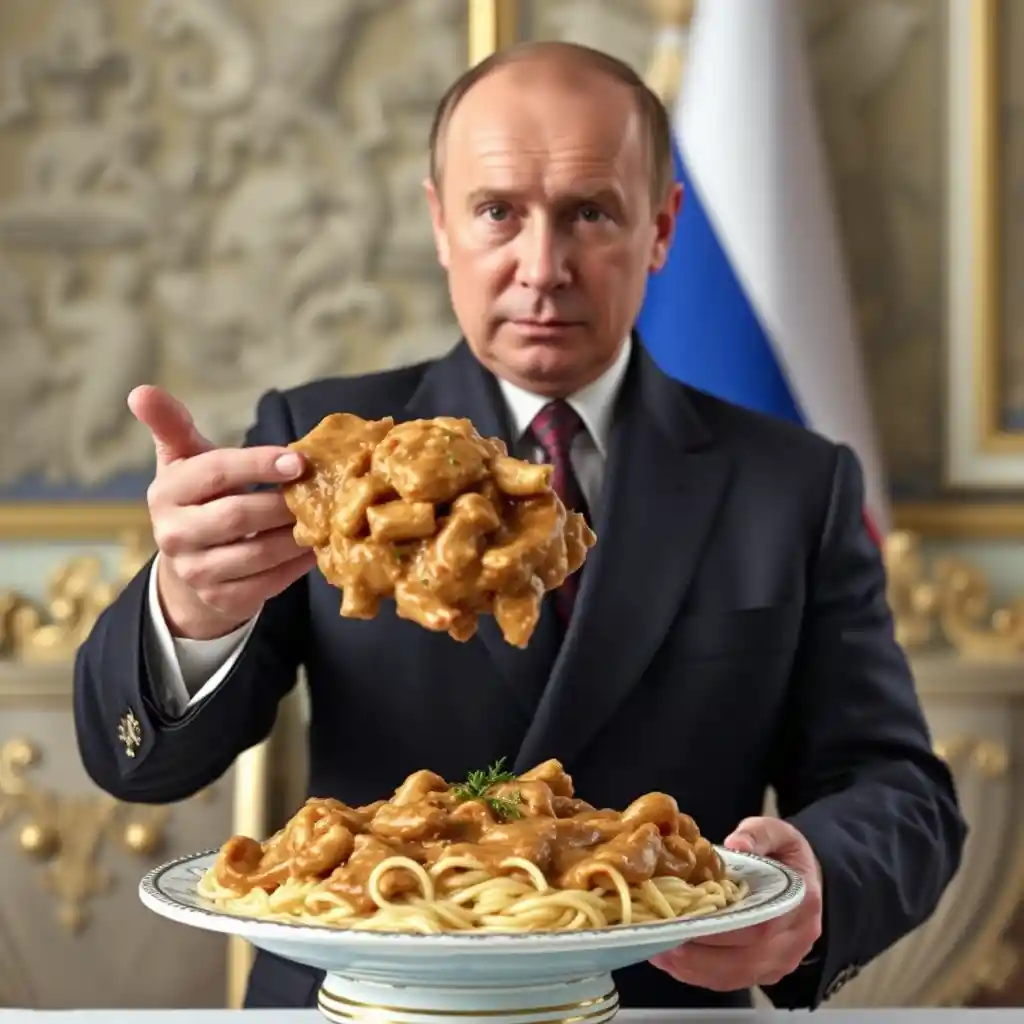 Politician presenting a plate of hearty meat stew