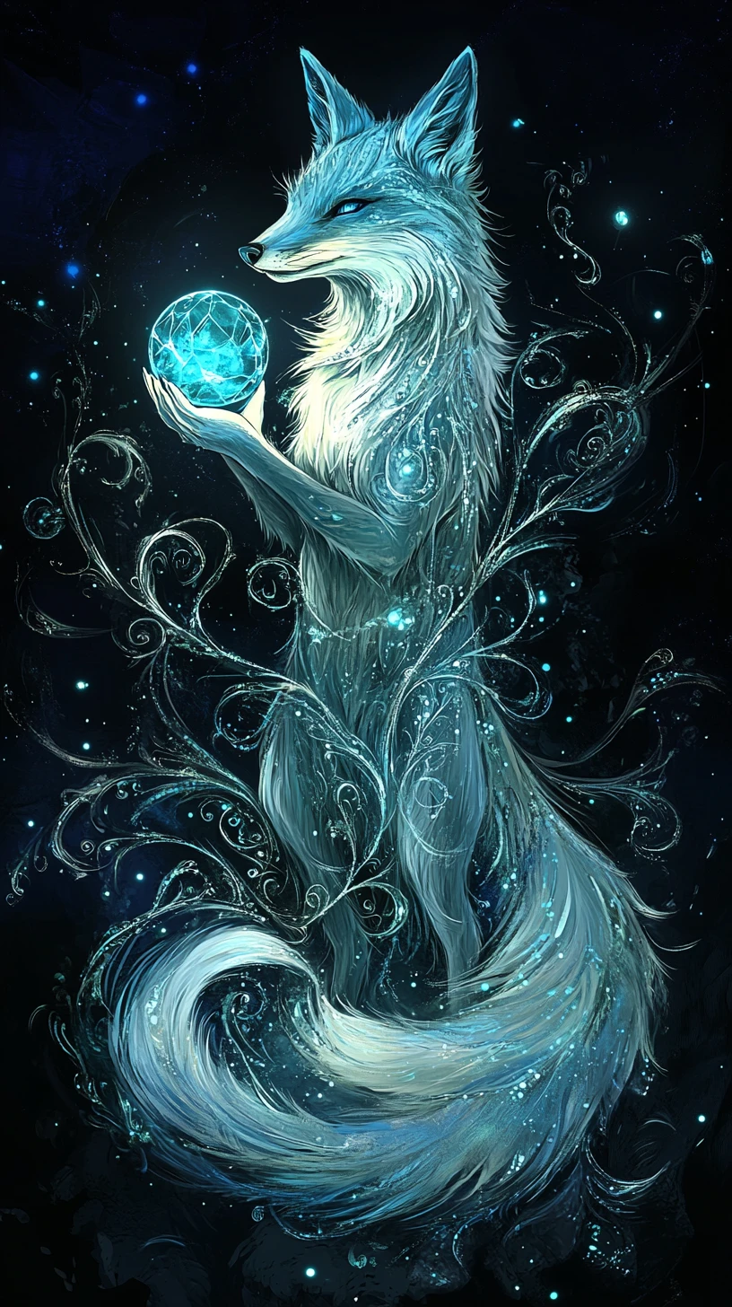 Mystical silver blue fox oracle with glowing crystal sphere
