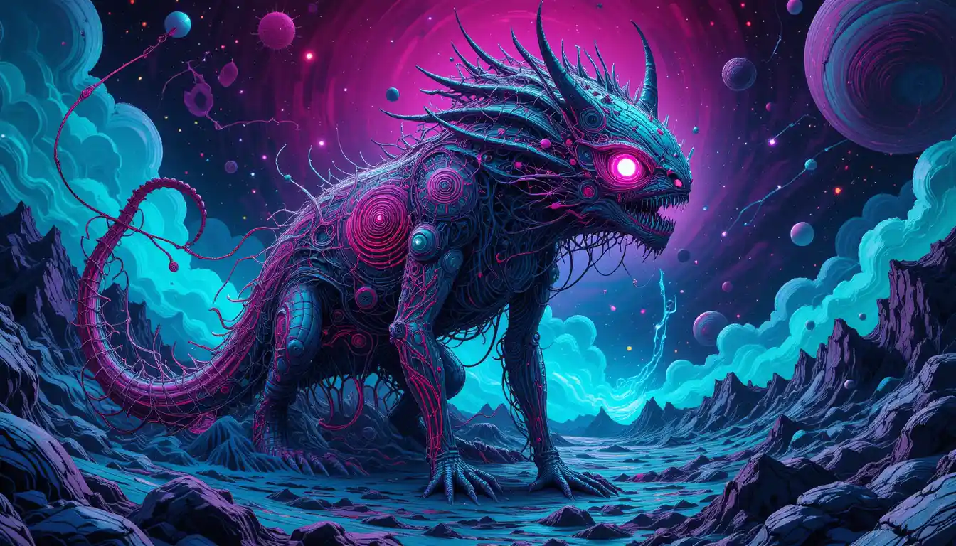Mythical creature with glowing gemstone eyes in neon etching