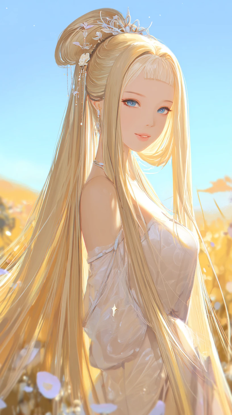 Blonde anime girl in flower field at warm sunset
