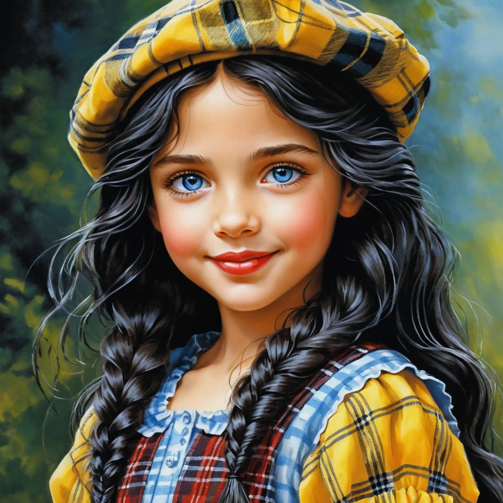 Smiling girl with blue eyes in plaid beret and dress
