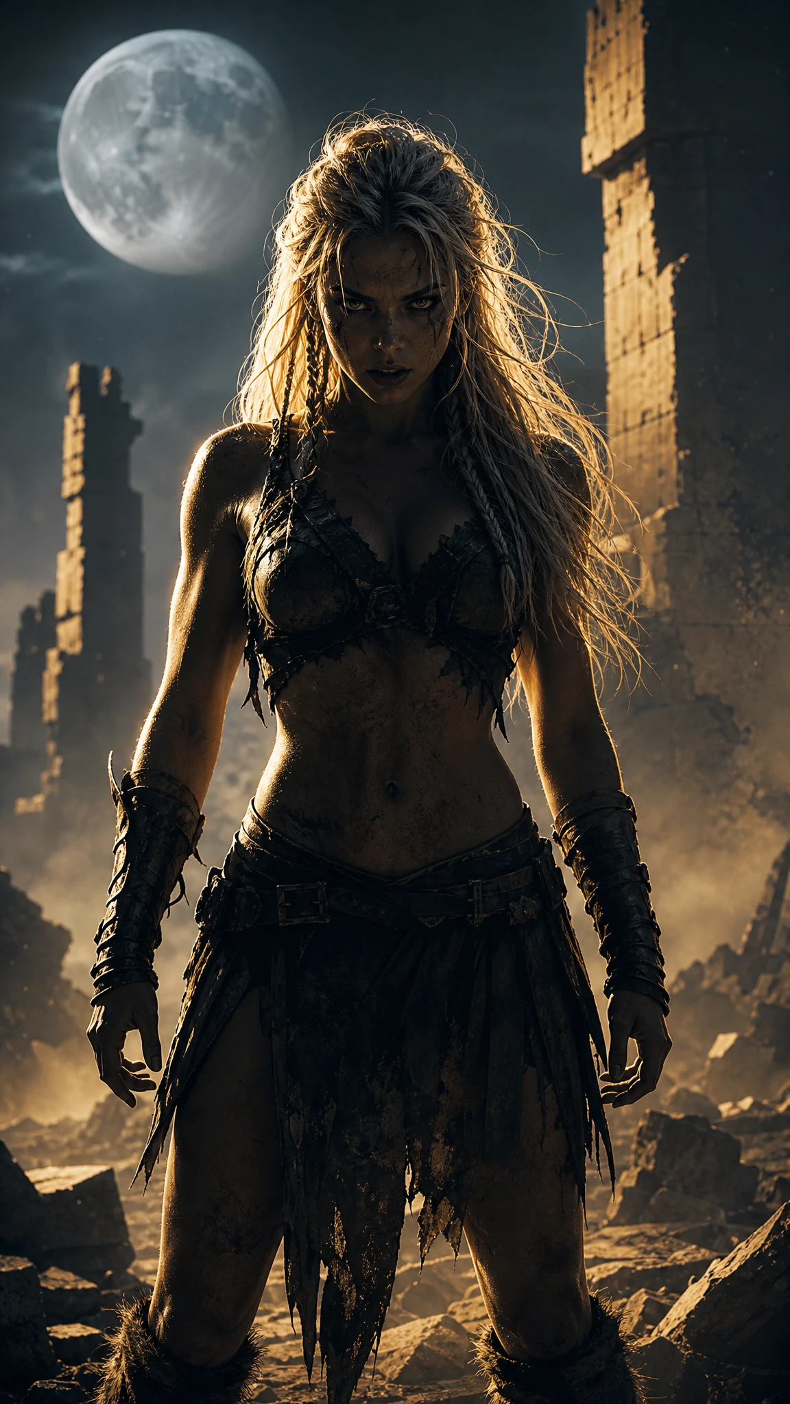 Fierce nordic warrior woman in moonlit ruined landscape