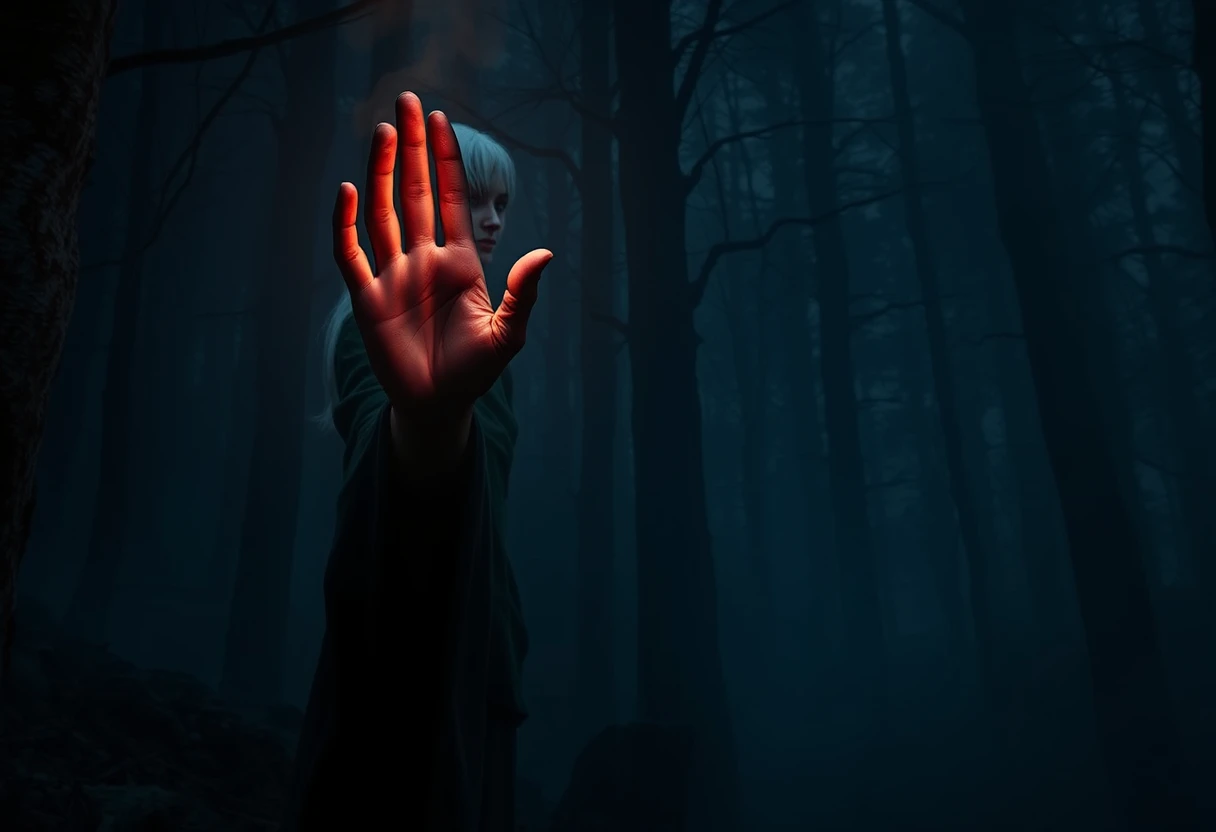 Baba Yaga confronts a young man at a dark forest edge