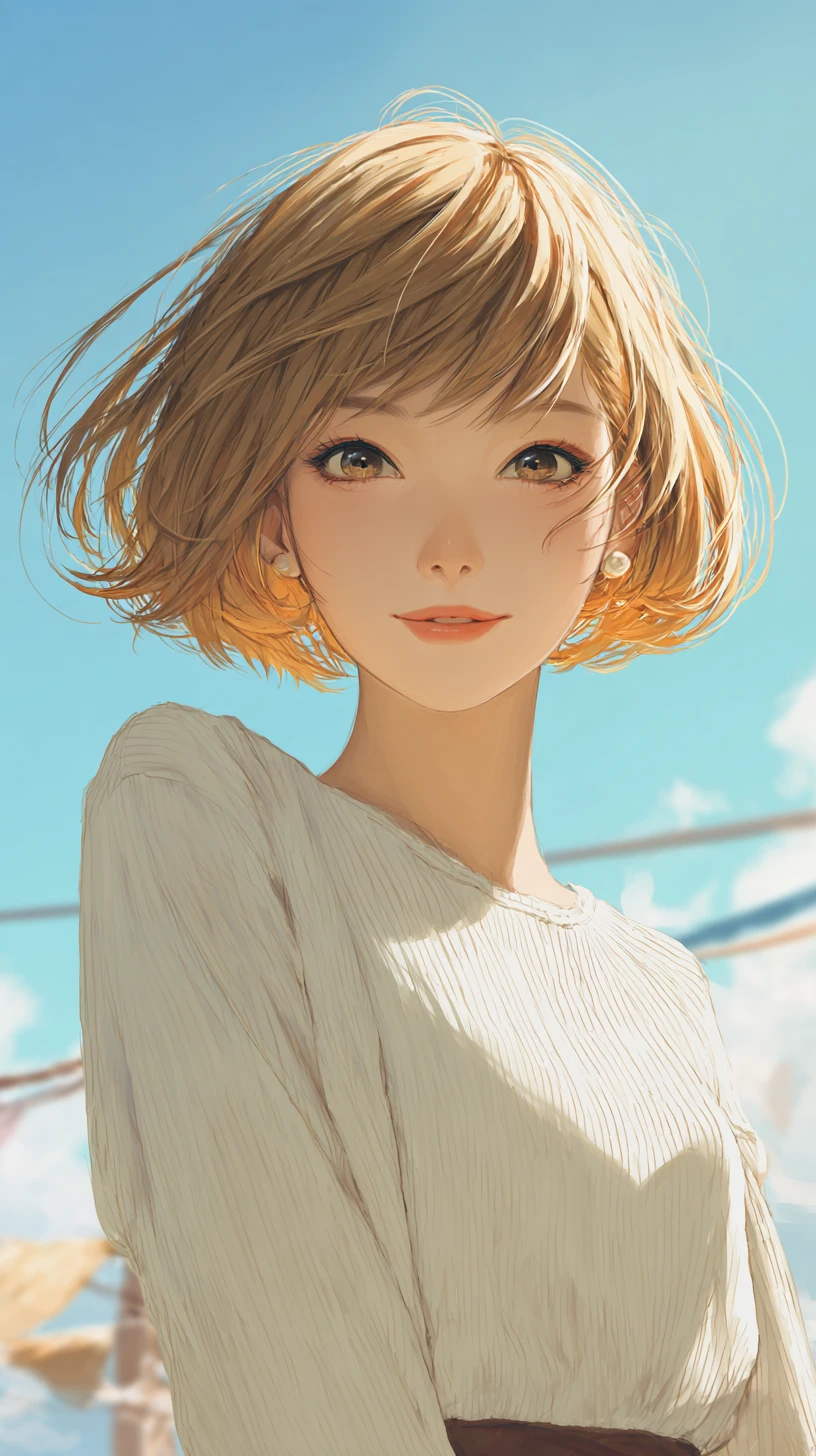 Fille d'anime debout en plein air sous un ciel clair du matin