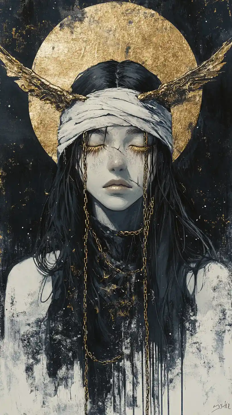 Bandaged fantasy girl with demon wings in snowy ruins