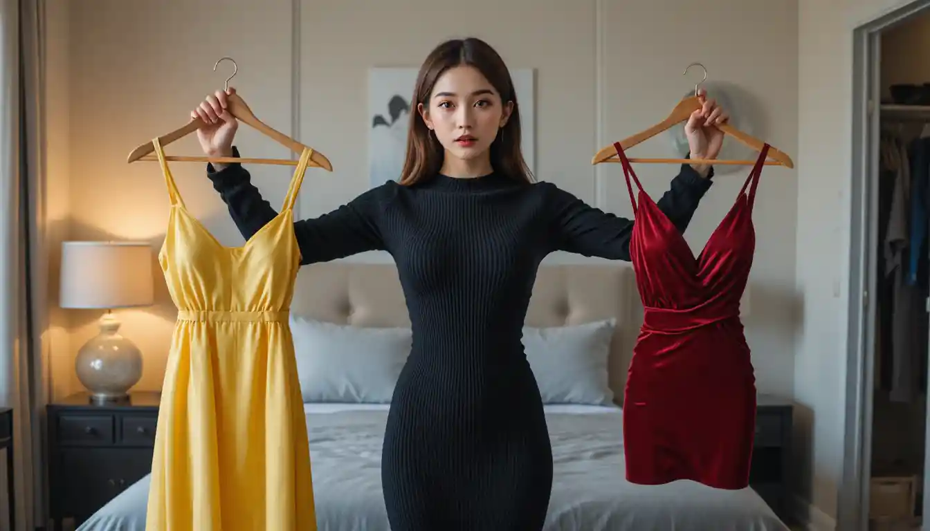 Korean college girl choosing outfits in a modern bedroom