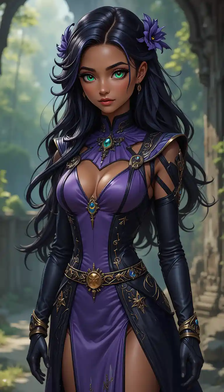 Young fantasy witch woman in a violet rune dress