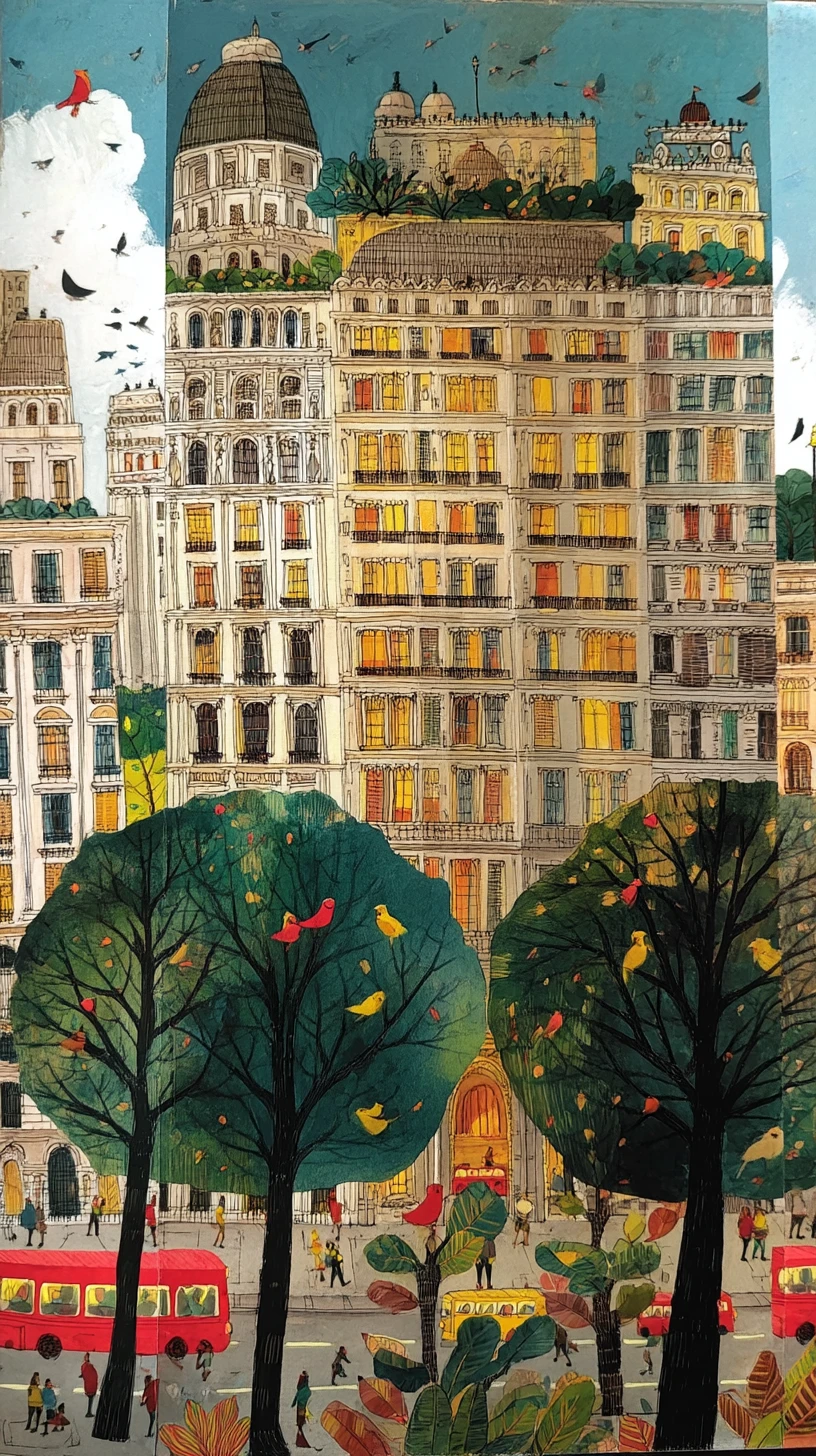 Pintura de uma rua movimentada de Paris com trânsito e árvores
