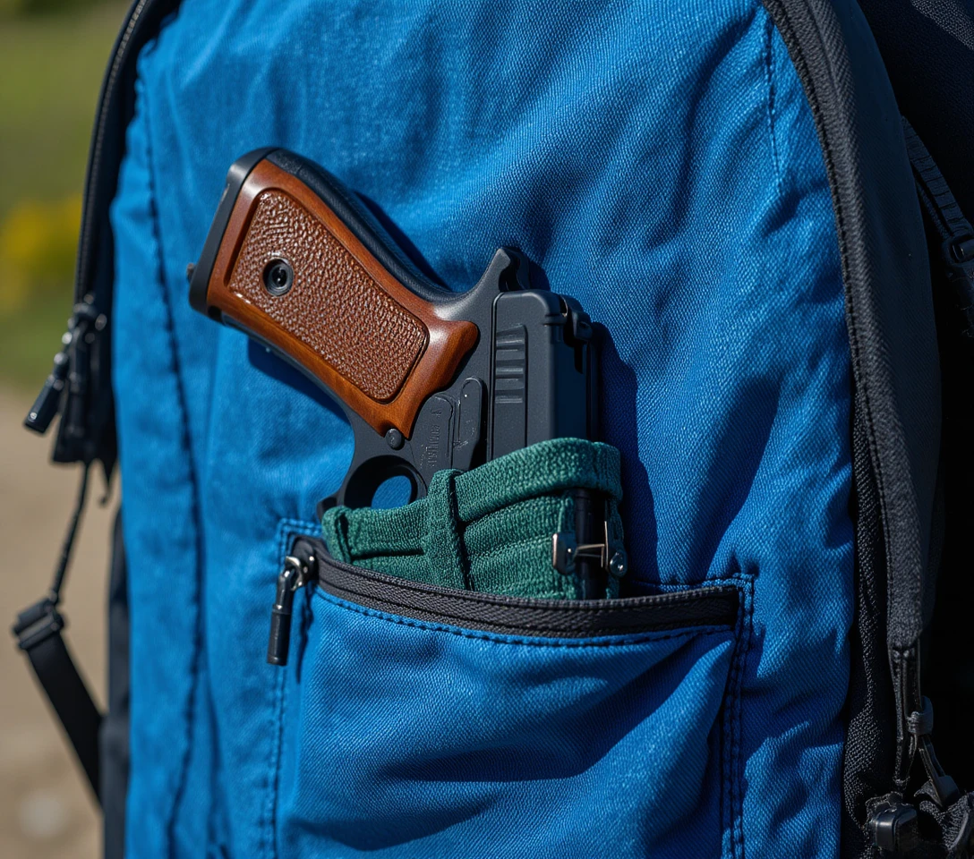 Close up of handgun in open backpack pocket outdoors