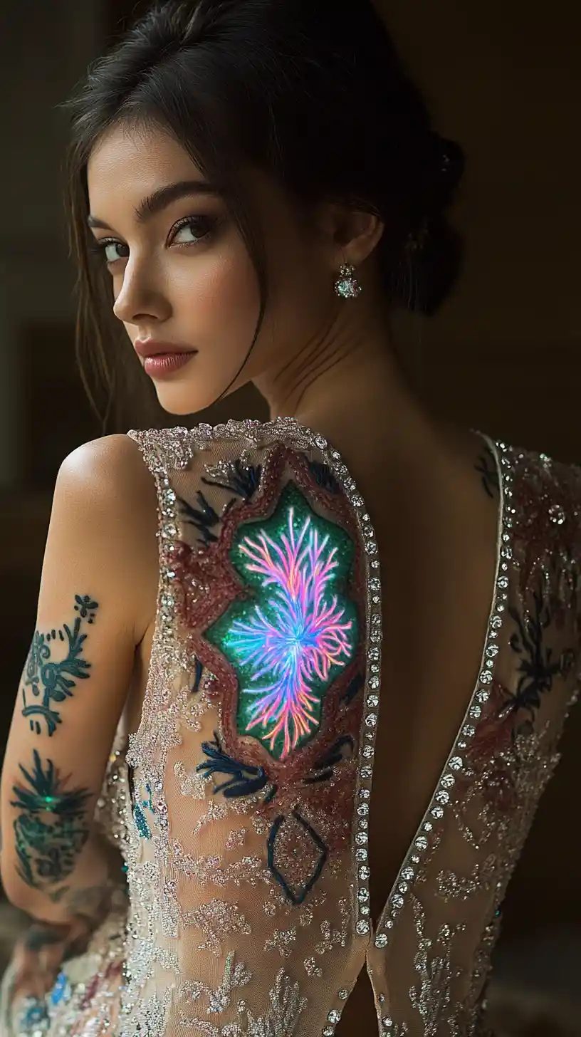 Woman in open back dress with glowing tattoo portrait