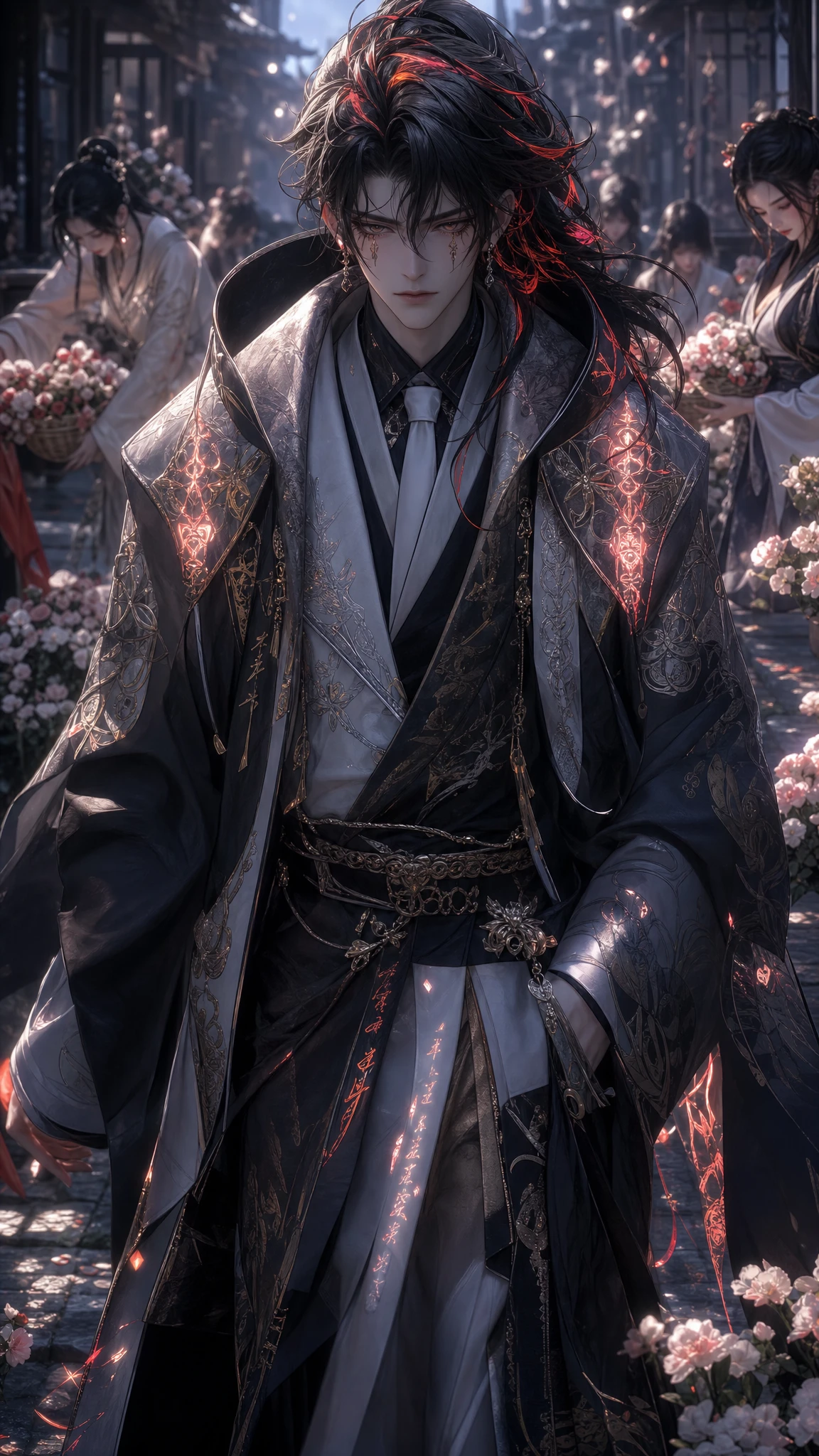Melancholic anime boy walking along a glowing garden path