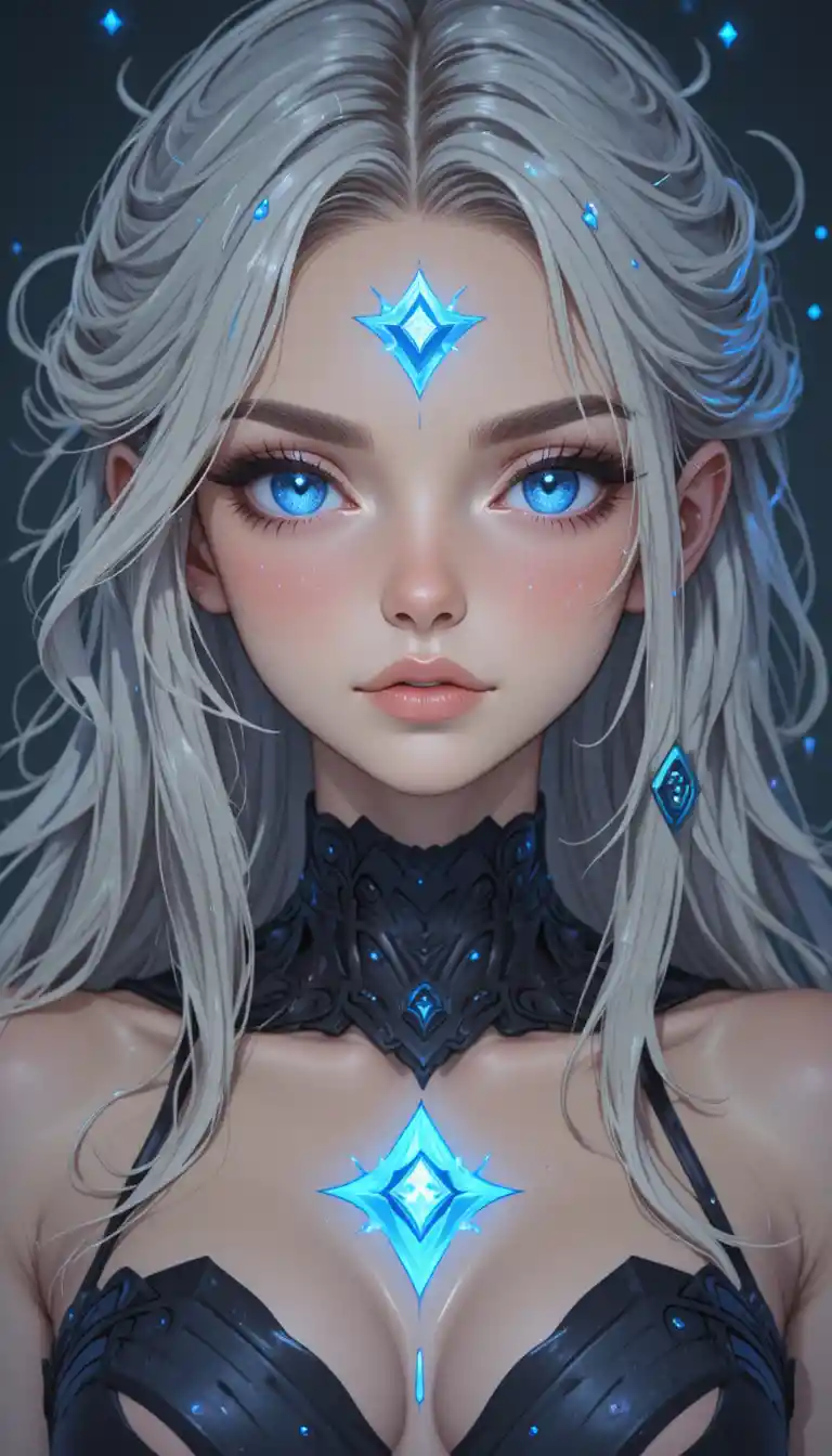 Young anime girl with silver hair and glowing blue eyes