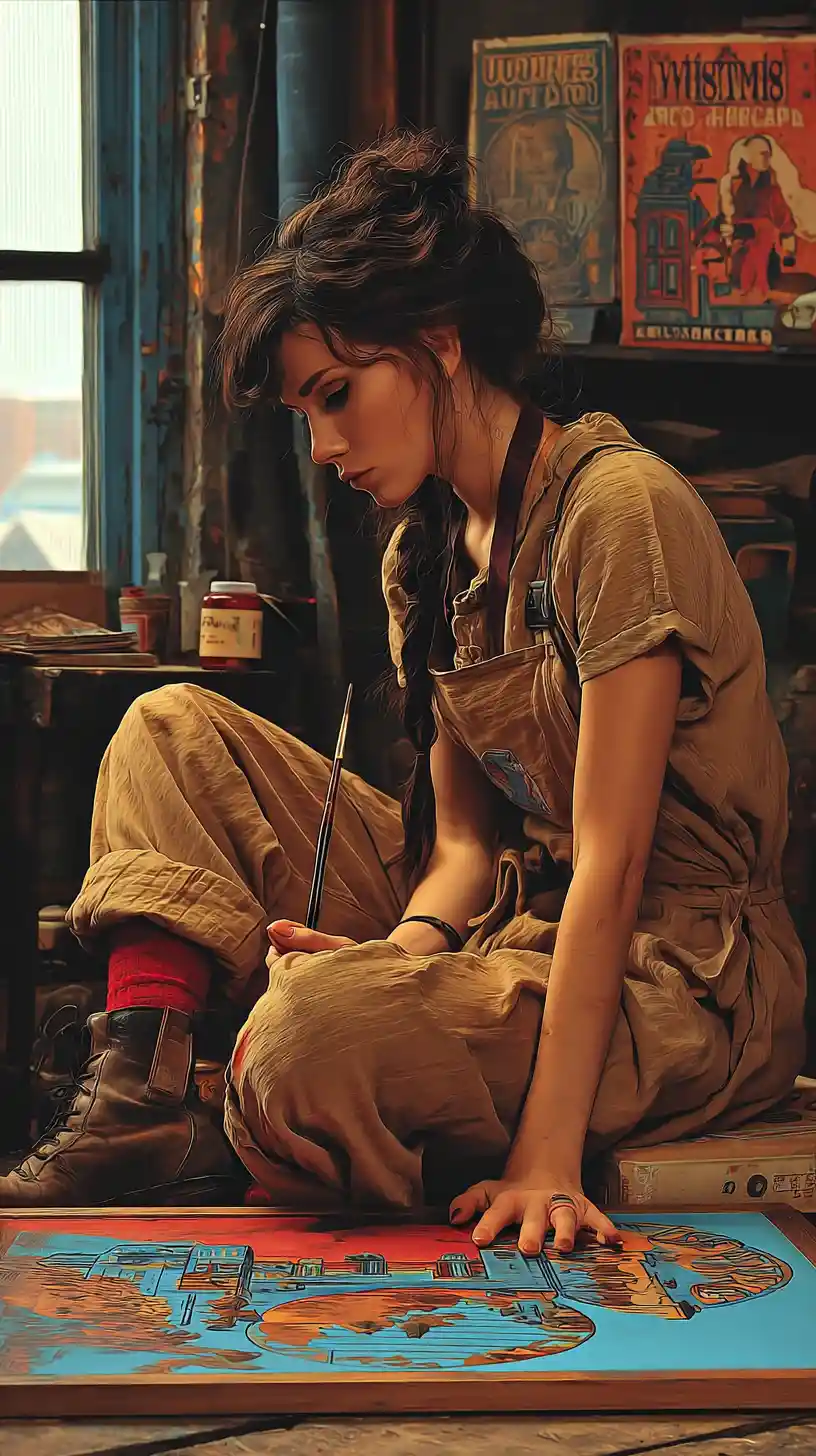 Young woman painting alone in a sunlit attic studio