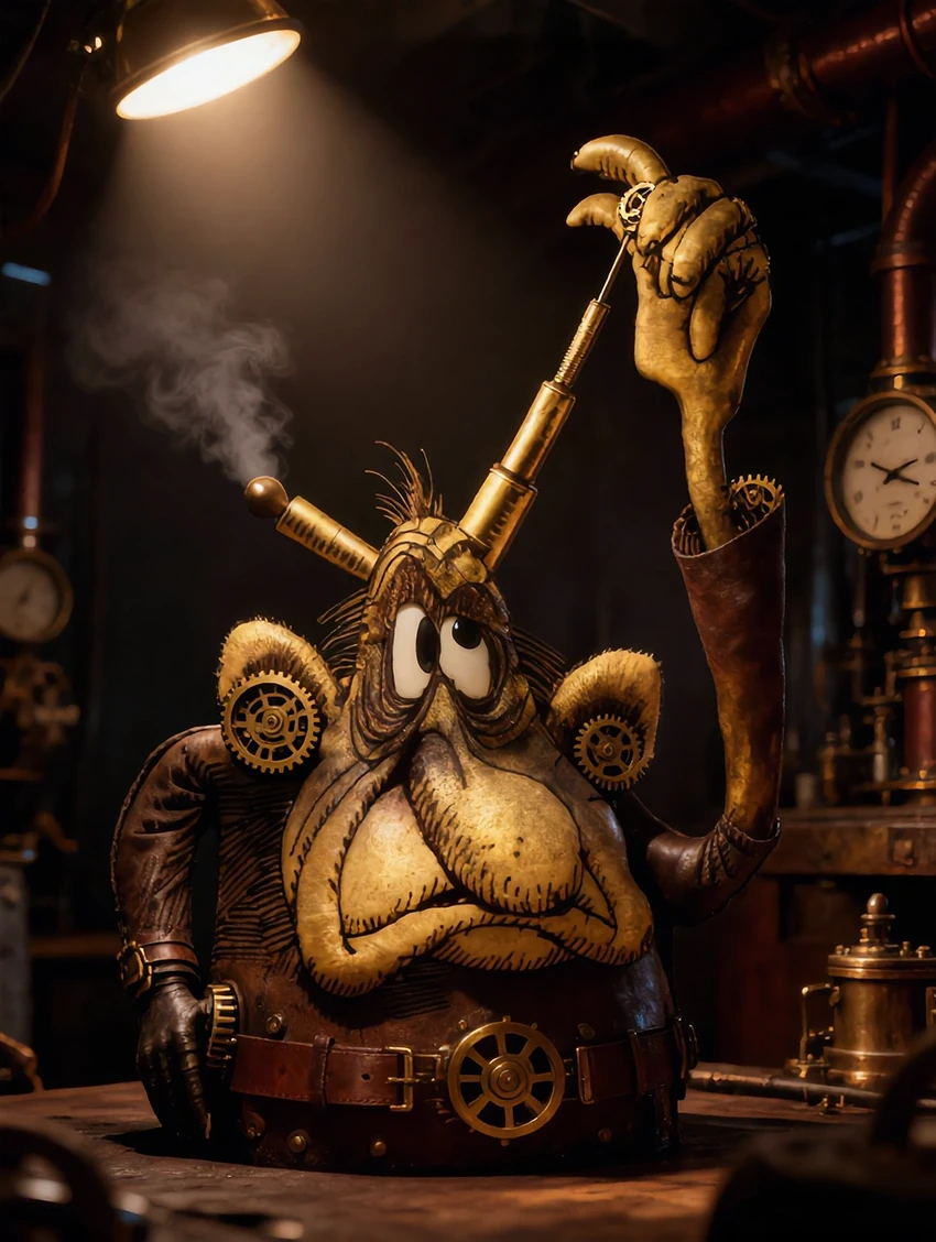 Whimsical steampunk creature with long nose and retractable horns