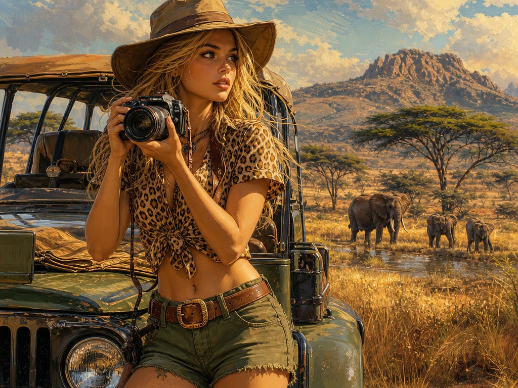 Blonde anime woman with camera by jeep in African savanna