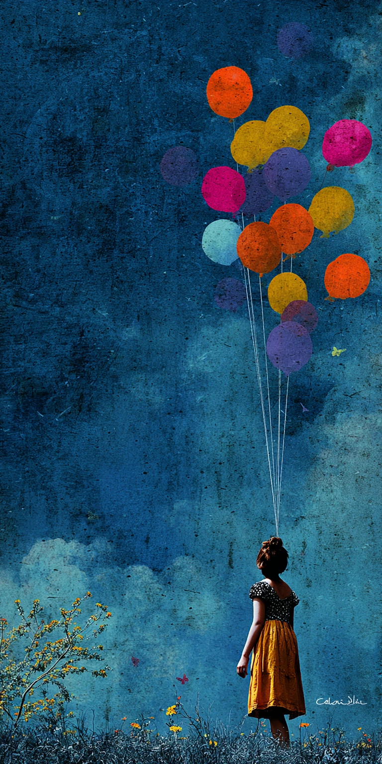 Whimsical mixed media fantasy scene in vibrant spring colors