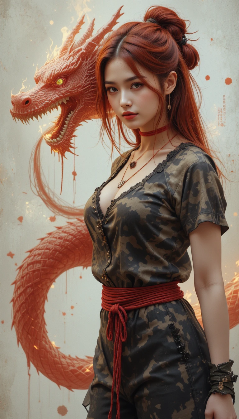 Mujer asiática con camiseta de camuflaje rasgada y dragón de fuego