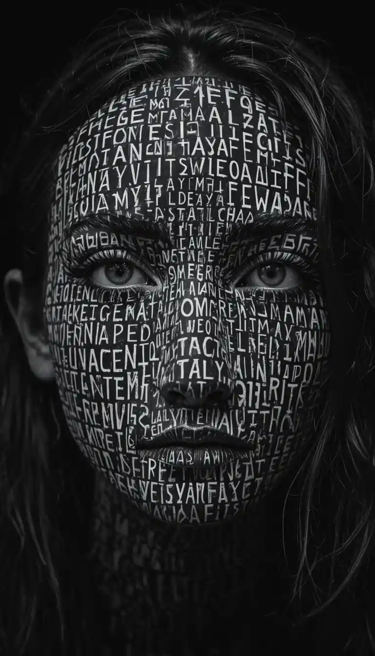텍스트에 가려진 여성의 고대비 ASCII 초상