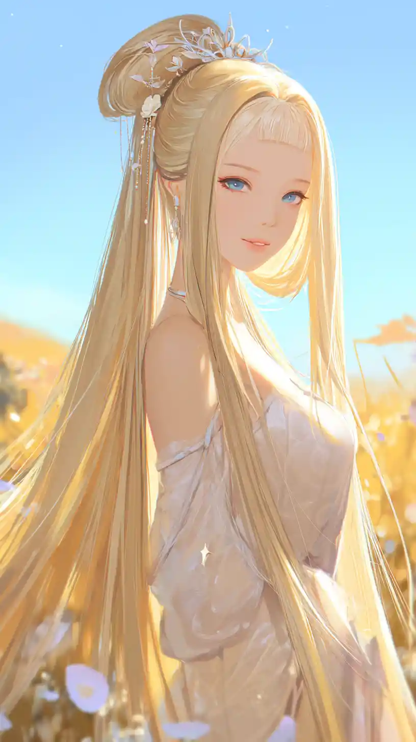 Ragazza anime bionda in un campo di fiori al caldo tramonto