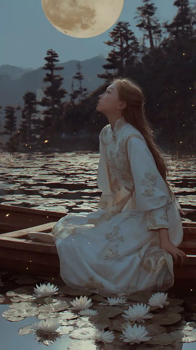 Girl in a rowboat under a glowing yellow moon