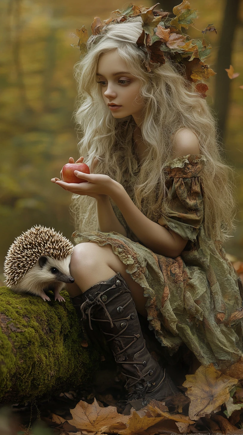 Joven ofreciendo una manzana a un erizo en un bosque de otoño