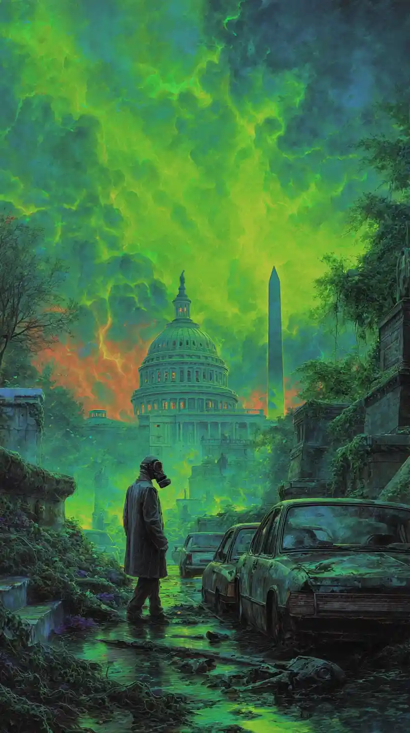 Dystopian Washington Monument Under Radioactive Twilight Sky