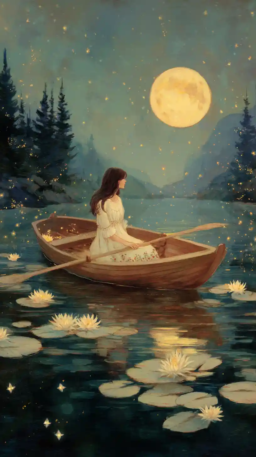 Young girl in a rowboat under a luminous moon
