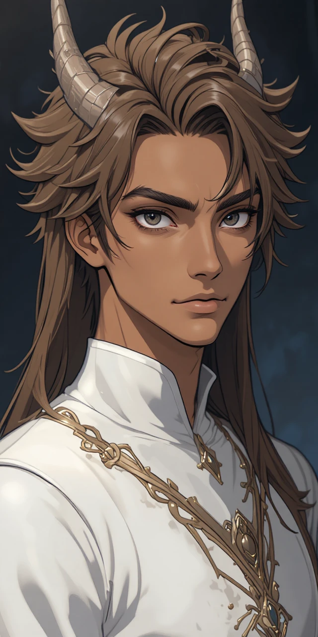 Anime fantasy man with dragon horns in white tunic