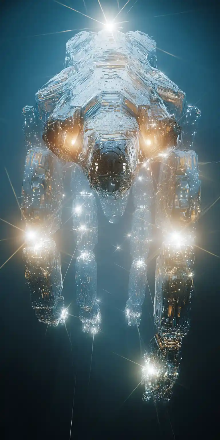 Giant bioluminescent mecha creature from extreme low angle