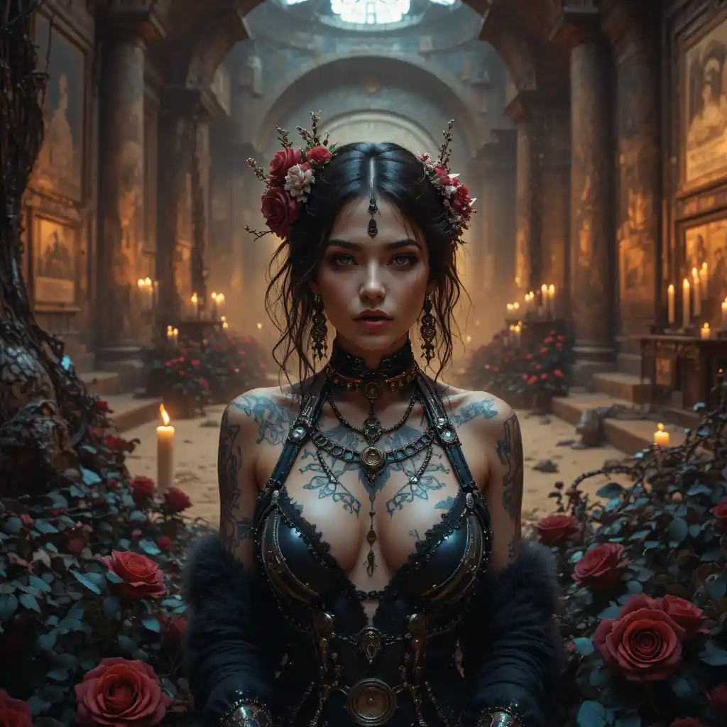 Tattooed woman rising from black roses in ruined temple