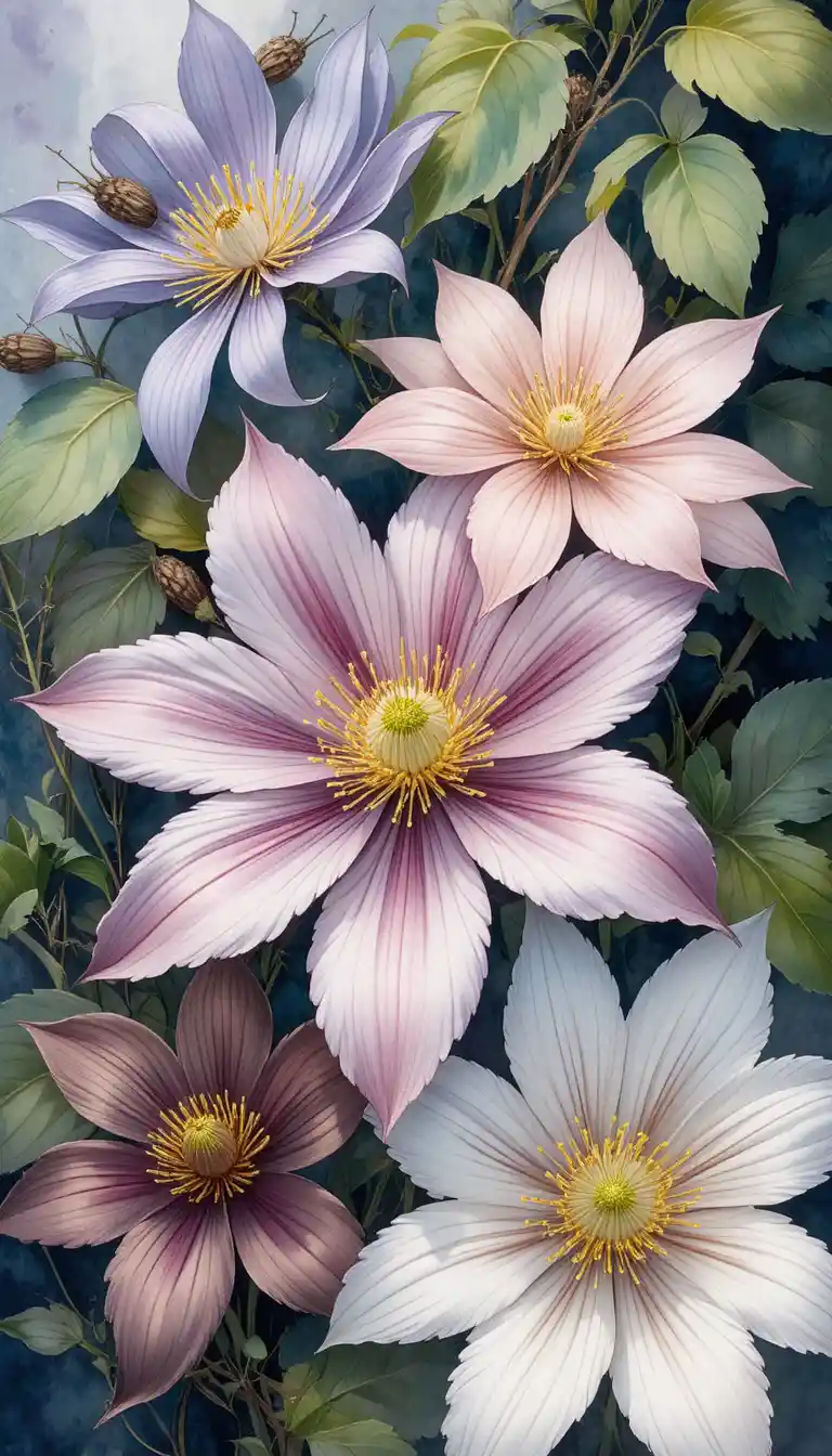 Colorful vector illustration of many clematis flowers