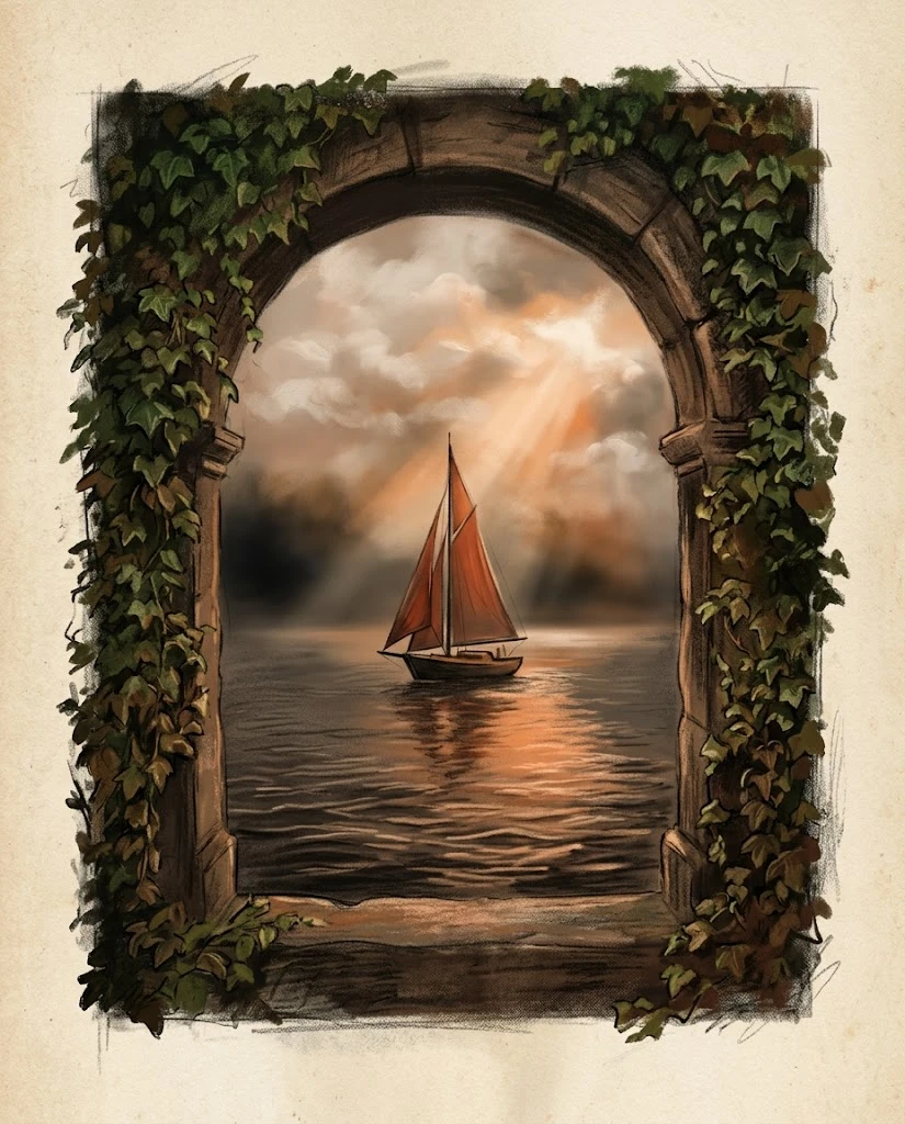 Sailboat On Quiet Sea Framed By Ivy Covered Stone Portal
