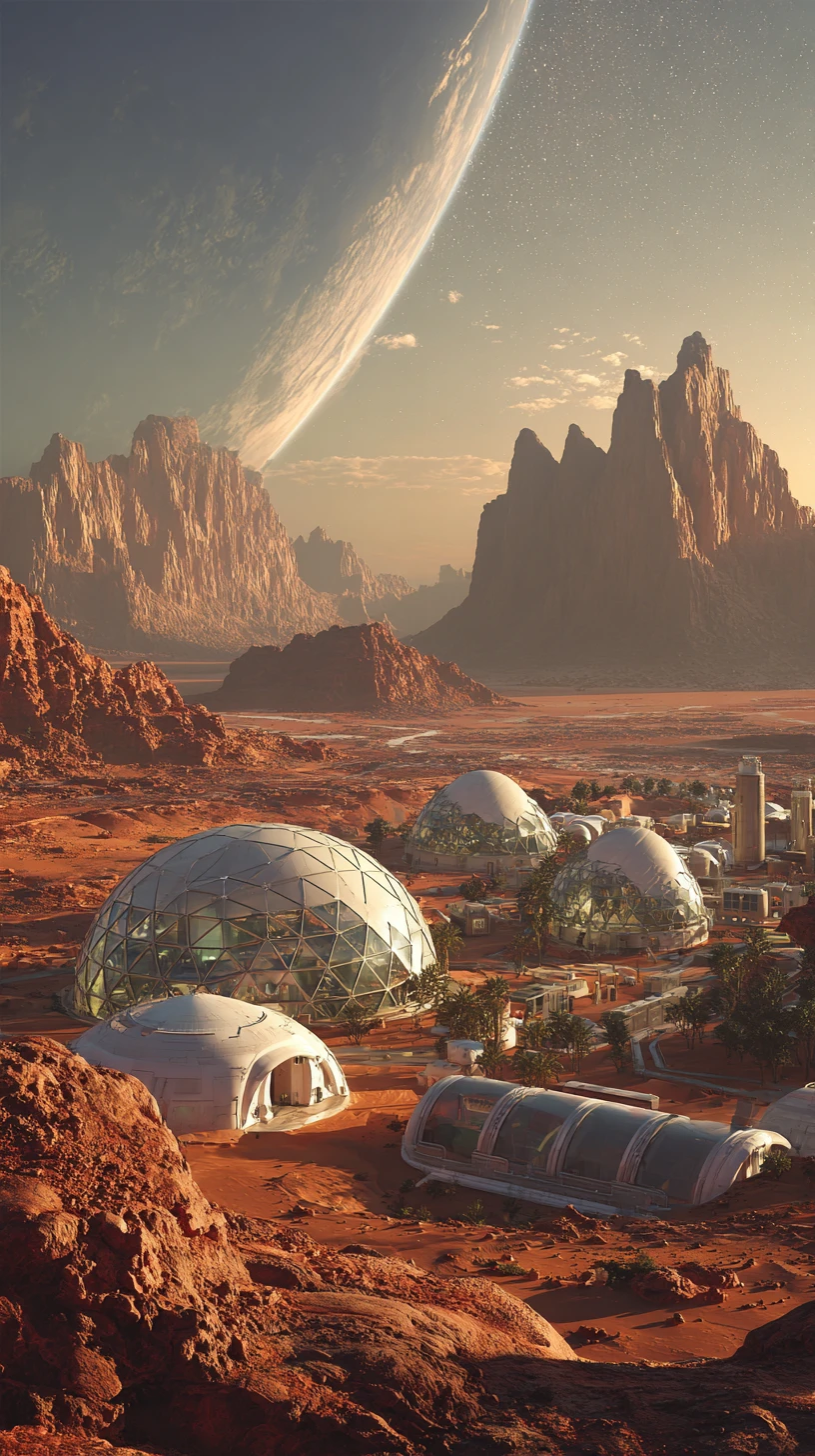 地球の地下に広がるドームとスターシップの未来的な火星コロニー