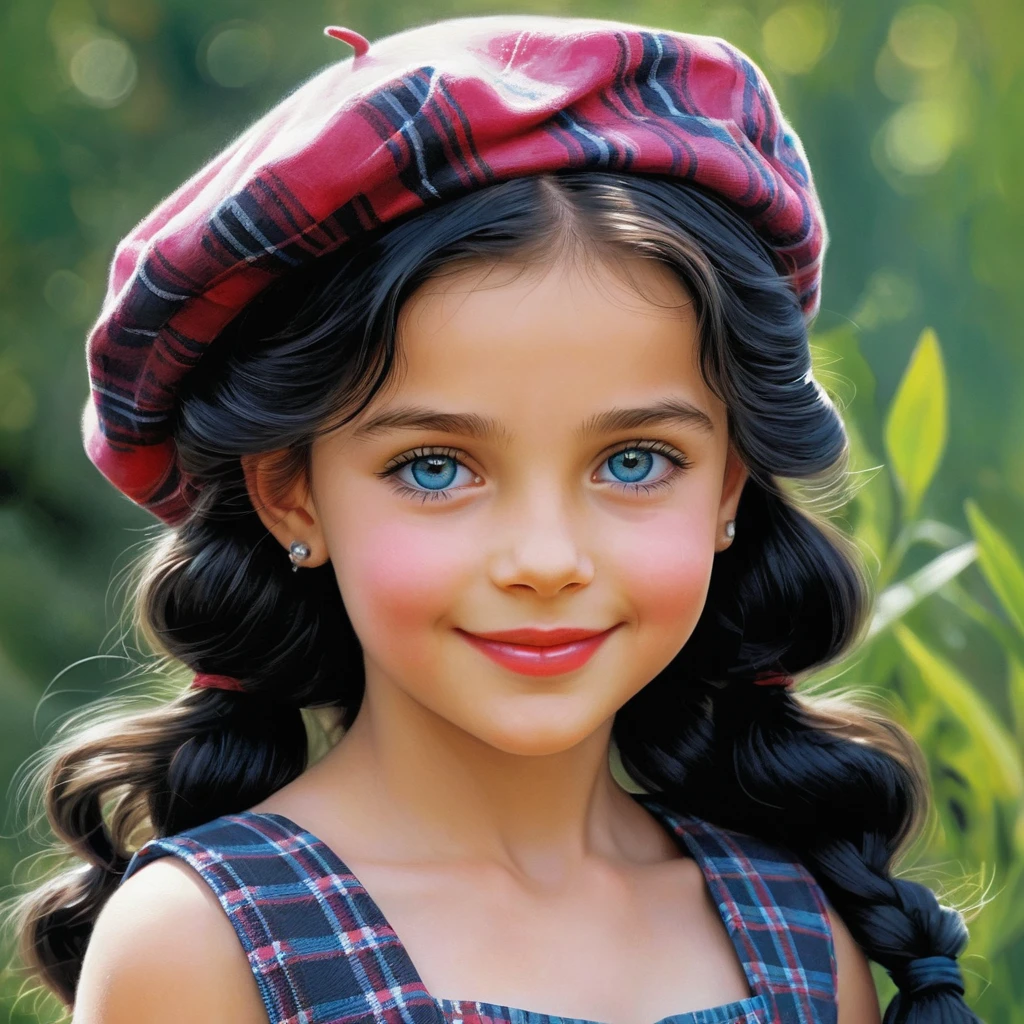 Smiling Girl With Curly Black Hair In Plaid Summer Outfit