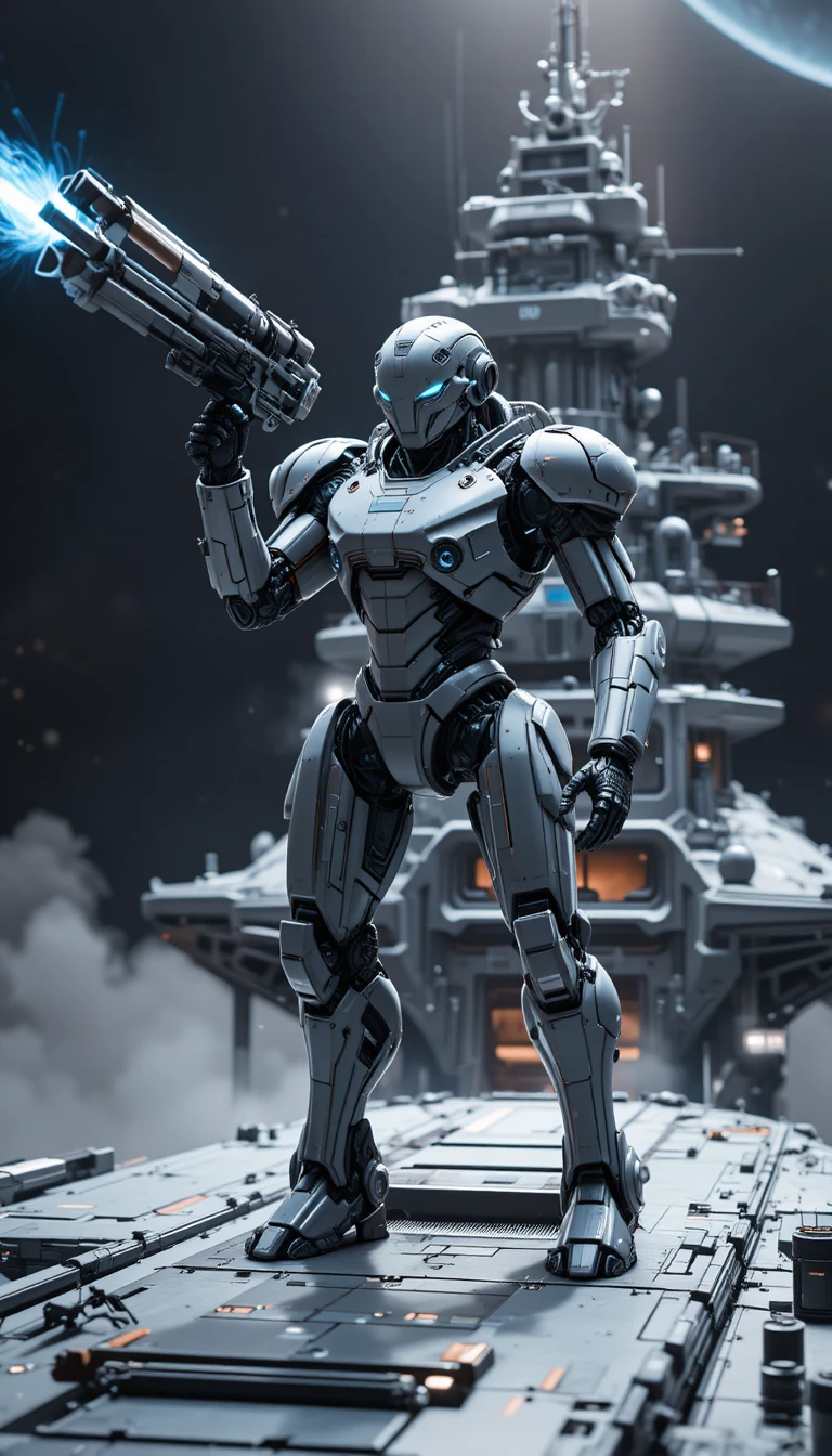 Cyberpunk combat robot aiming particle cannon on starship deck