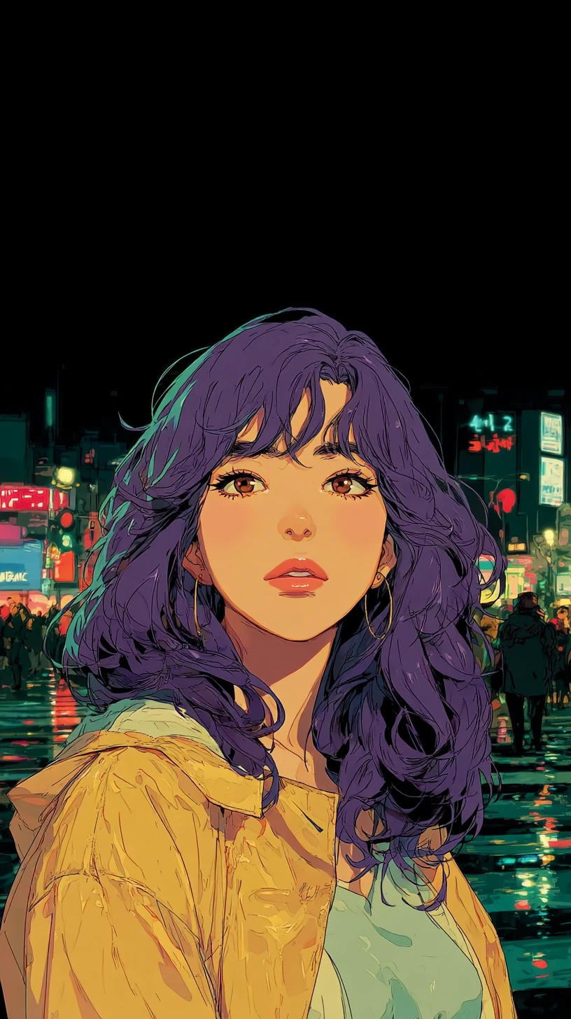 Mujer de anime con impermeable pastel en un cruce de ciudad neón