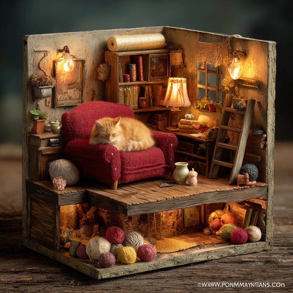 Miniature living room with sleeping cat in velvet armchair