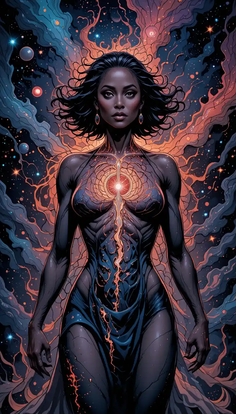 Surreal woman torn open to reveal cosmic vortex within