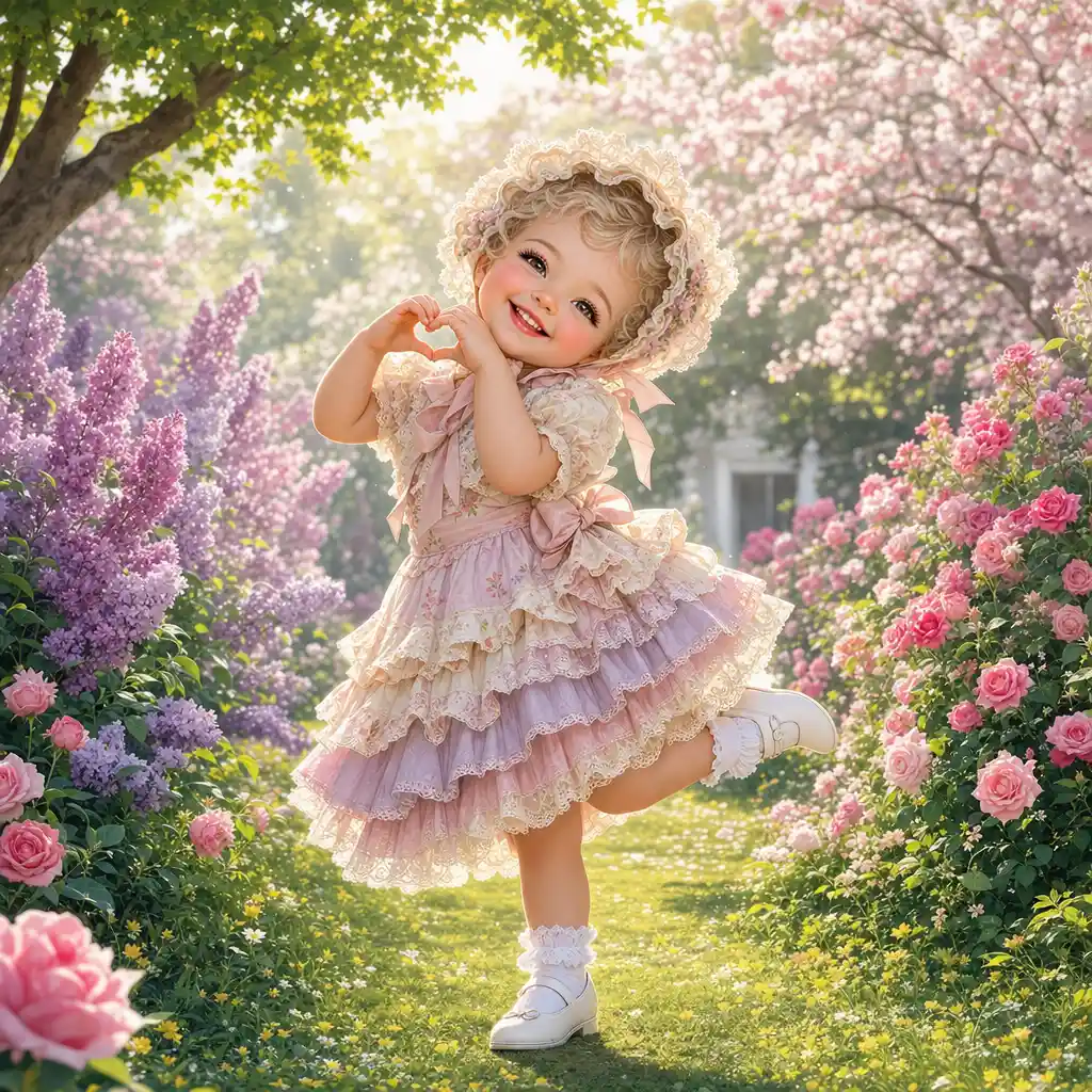 Cute girl in frilly dress posing in sunny flower garden