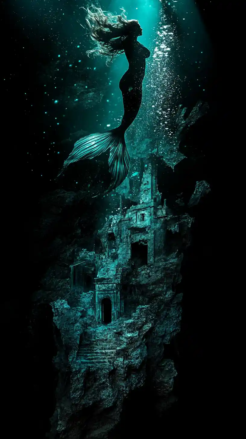 Doppia esposizione surreale di sirena colossale e profilo femminile